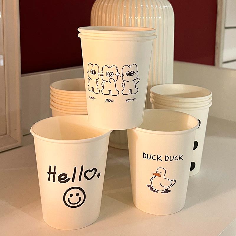ins风一次性杯子加厚商用办公室卡通图案纸杯家用豆浆杯笑脸水杯 - 图0