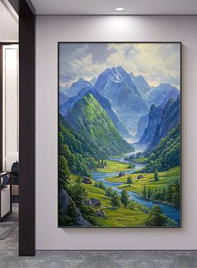 背有靠山图山水画2026新款玄关装饰画入户正对门西墙竖版背景挂画