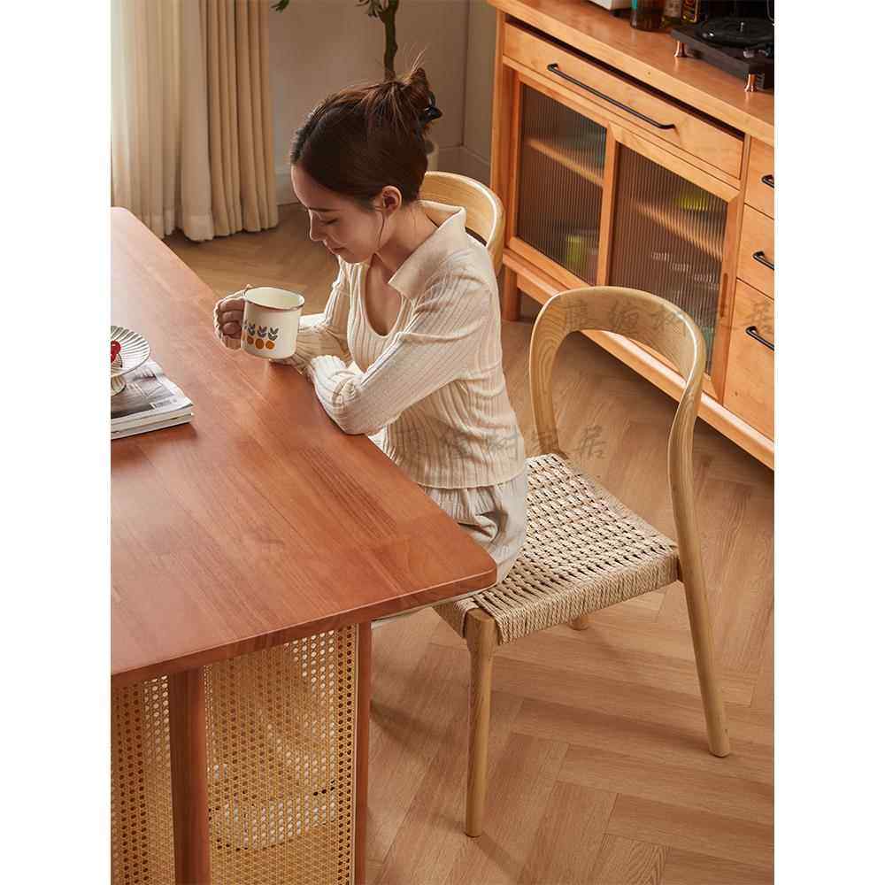 编绳餐椅实木组合北欧风格简约家用餐厅椅子靠背椅书房小户型舒适,淘宝优惠券,粉丝福利购,淘宝优惠卷