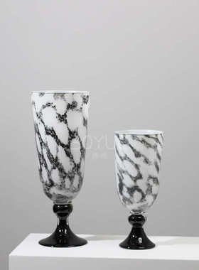 高级感欧式复古大口径水墨花纹质地高脚中古风设计感艺术琉璃花瓶