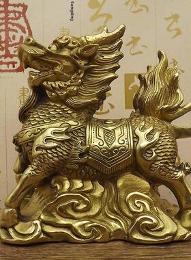 纯铜麒麟摆件一对黄铜铜祥云麒麟工艺品客厅办公室桌家居摆设饰品