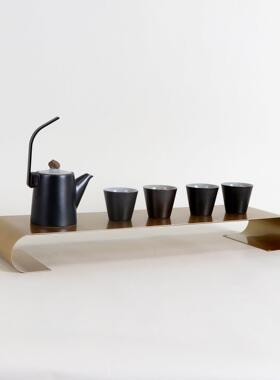 新中式金属弧形托盘样板间客厅茶几茶室茶楼桌面软装饰品茶托摆件