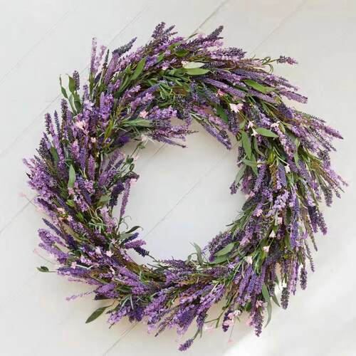 跨境美式门饰花环婚庆玫瑰花绢花仿真薰衣草藤圈复活节藤条挂件 - 图0