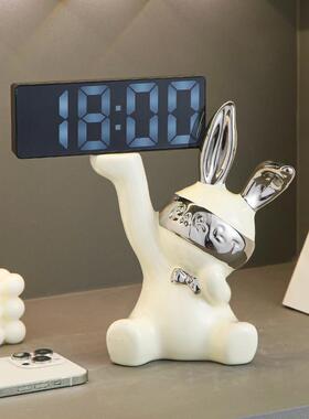 电子时钟摆件轻奢客厅书桌闹钟摆台式床头柜创意陶瓷兔子家居饰品