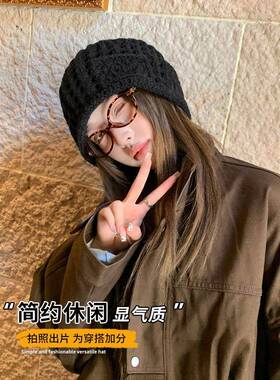 秋冬韩系大头围堆堆帽子女时尚宽松毛线针织月子帽黑色高级感冷帽