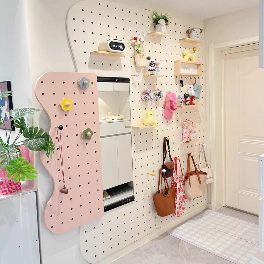 Solid wood cloud hole board full-length mirror integrated custom entry porch storage rack door behind wall storage hanger