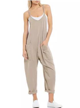 Women’s Acid Wash Loose-Fitting Jumpsuit - Basic Strappy
