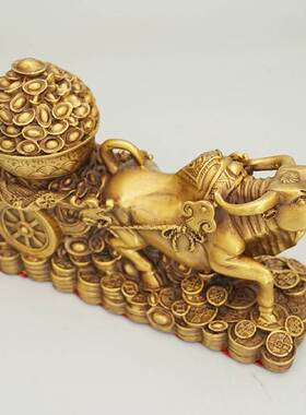 黄铜牛拉聚宝盆摆件十二生肖金钱牛铜聚宝盆家居玄关办公室摆件