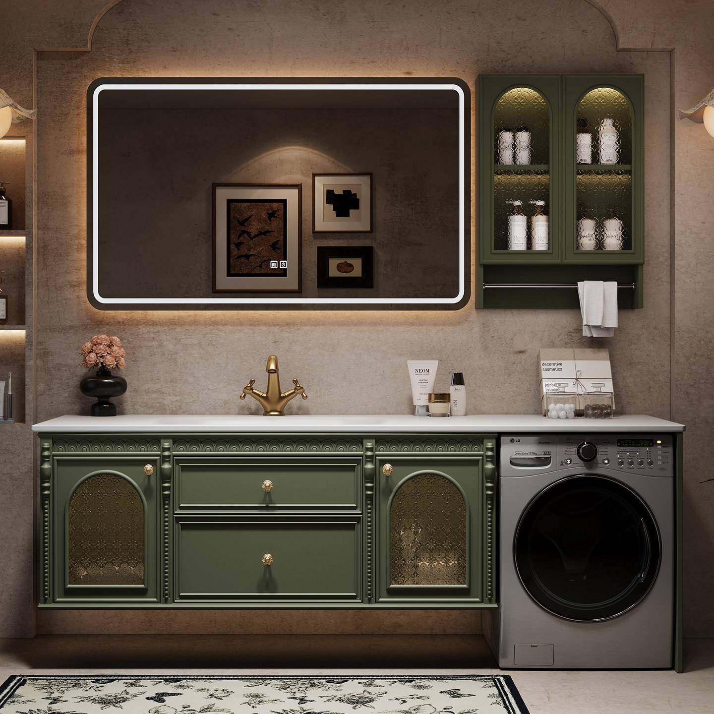 橡木阳台洗衣机一体柜组合法式复古卫生间浴室柜岩板洗手台洗脸盆,淘宝优惠券,粉丝福利购,淘宝优惠卷