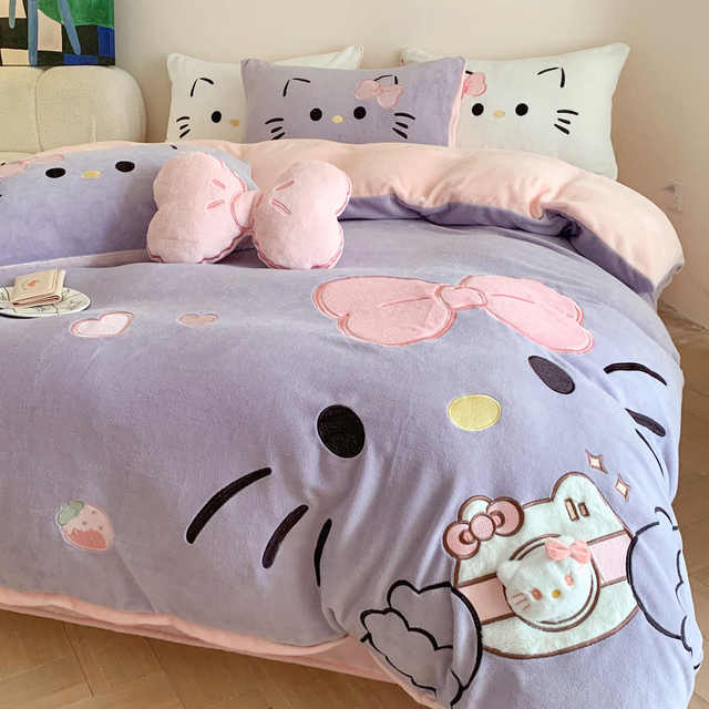 Fleece coral double-sided flannel cartoon set four-grade velvet milk plus thickened cute cat quilt cover bed sheet