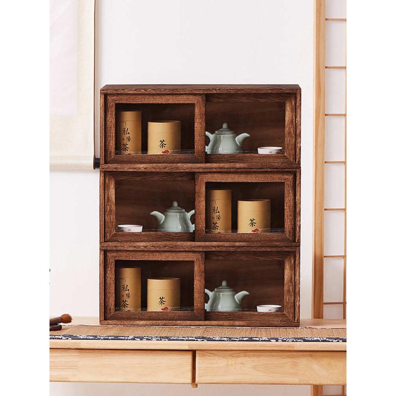 A947 solid wood tea set storage box desktop storage rack storage cabinet sliding door tea cabinet dustproof sliding door tea cup storage cup storage