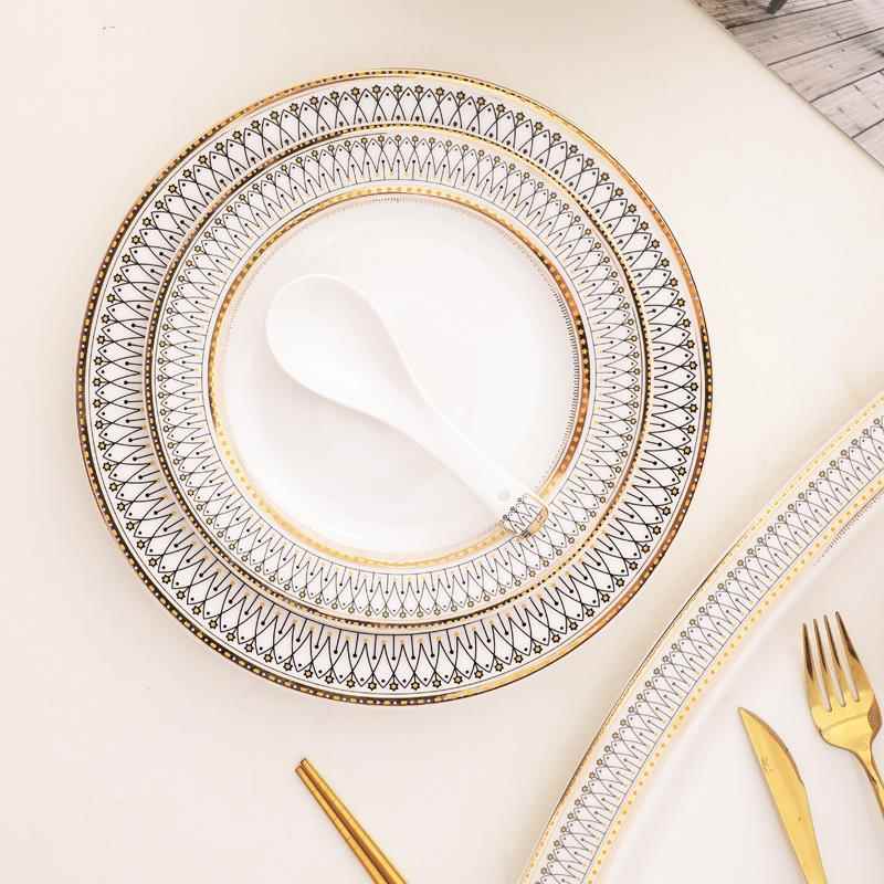金边陶瓷餐具套装家用欧式西餐盘牛排盘过年用米饭碗汤碗碗碟套装