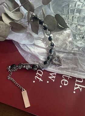 不锈钢链条拼接爆裂纹串珠手链爱心吊坠双层设计嘻哈街头男女手饰