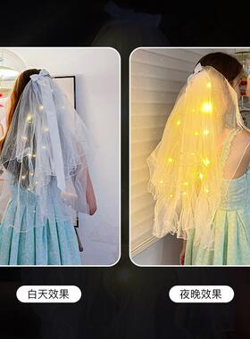 复古黑色双层发光蝴蝶结头纱写真拍照头饰新娘头纱万圣节造型道具