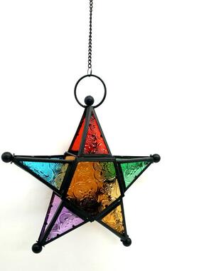 严选摩洛哥铁艺彩玻风灯蜡烛台花园露台摆件家居装饰品金属五角星