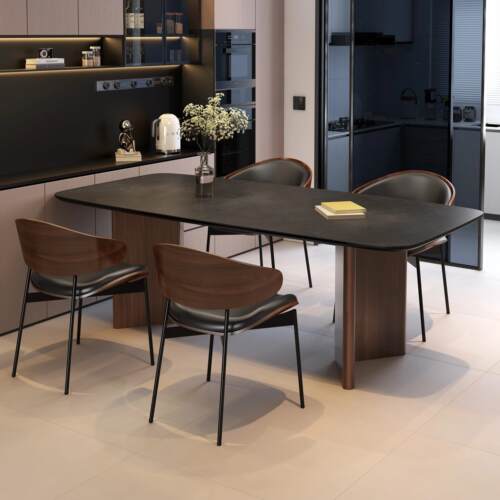 意式极简小户型长方形家用客厅现代简约岩板餐桌轻奢组合实木桌脚 - 图1