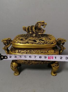 仿铜龙香炉摆件仿古黄铜龙纹熏香炉双耳龙头香炉古玩收藏工艺礼品