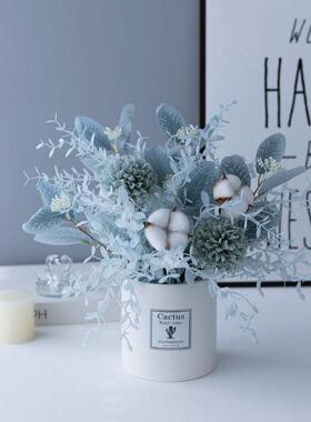北欧现代简约淡蓝色冰雪芙蓉棉花糖假绢花彷真花艺束餐桌花瓶摆件