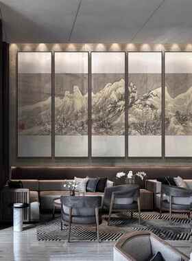 东方水墨山水画酒店过道餐厅中堂茶室背景墙壁画新中式多联装饰画