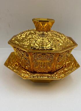 古玩杂项纯铜镀金八宝吉祥盖碗茶碗家用茶具摆件收藏