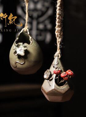 悬挂式陶瓷手工吊盆麻绳挂式垂吊装饰创意花器插花花瓶复古花盆