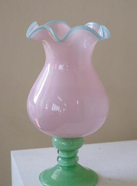 SoftHome粉色法式高脚铃兰防风灯花瓶中古琉璃高级玻璃花器插花摆