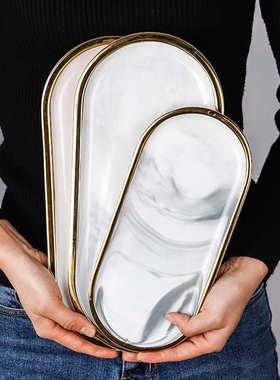 北欧ins轻奢金边大理石纹陶瓷盘子西餐盘寿司甜品盘 小托盘收纳盘