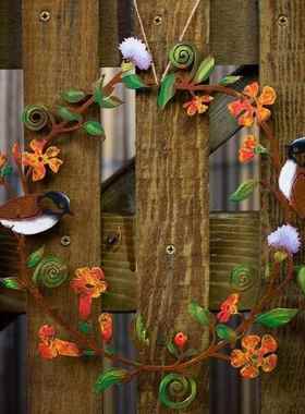 山雀花圈墙门牌金属艺术品ChickadeesFlowersWreath Wall Art