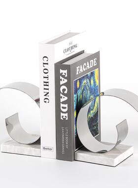 现代轻奢理石金属书挡摆件样大板间线书房几何书立条书靠软TQG装