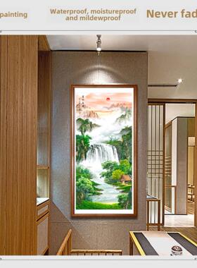 办公室靠山富水长流卷轴挂画玄关客厅竖版旭日东升壁画茶室字画