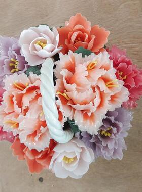 陶瓷手捏花牡丹花篮餐桌办公桌装饰摆件