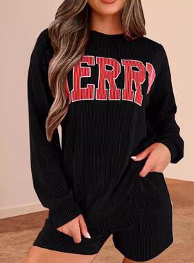 Women'S Casual Long Sleeve Letter Print Set, Fitted, Fashion