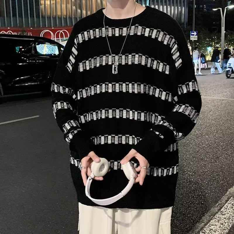 男士毛衣针织衫条纹直筒型潮套头休闲拼接青春流行慵懒圆领秋长袖 - 图1
