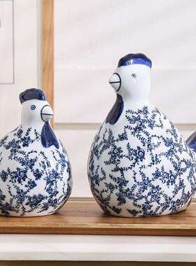 新品青花瓷陶瓷对鸡摆件客厅饰品陶瓷摆件吉祥鸡中式风可爱对鸡