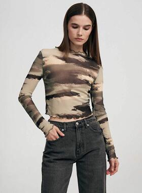 Sexy leopard print mesh printed T-shirt top for women