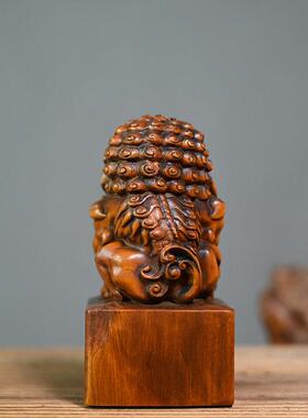 仿古黄杨木雕刻狮子摆件中式家居装饰品公室摆饰实木雕刻工艺品