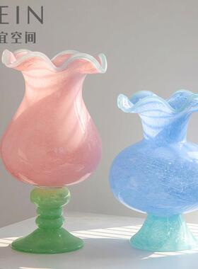 法中古荷叶花边风式灯琉璃瓶HP332花清新粉蓝色色高脚艺术拼色玻