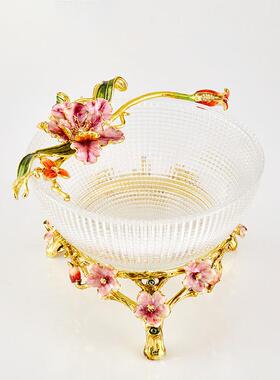 新中式珐琅彩创意牡丹花玻璃果盘样板房家用客厅餐桌茶几家居软装