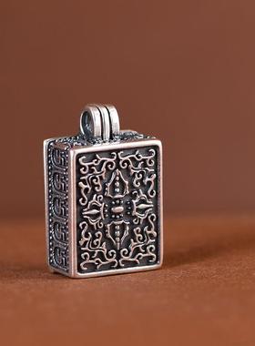 网红-S925银复古做旧万字符十字金刚杵可打开透明嘎乌盒银饰吊坠