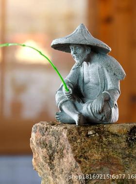姜太公钓鱼青砂石摆件茶宠流水鱼缸造景盆景渔翁新中式微景观装饰