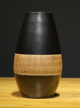 新款直销现代简约条纹花瓶摆件亚光黑色欧式陶瓷花器客厅样板房装