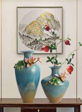 新中式宽口珐琅彩荷花花瓶客厅电视柜边几柜仿真花高级感艺术摆件