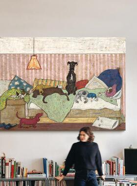 北欧风慵懒狗狗客厅手绘油画美式复古玄关装饰画小众卧室艺术挂画