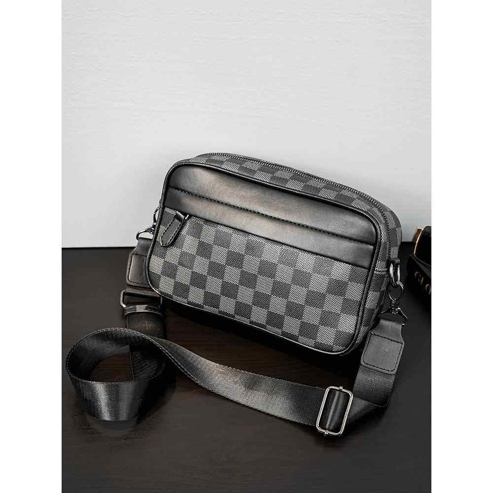 新款潮流潮牌男士休闲格子单肩包韩版皮质斜挎包时尚小方包小背包,淘宝优惠券,粉丝福利购,淘宝优惠卷