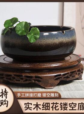 鸡翅木镂空细花底座 圆形黑檀木工艺摆件茶壶鱼缸奇石红檀木底座