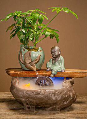 式流水件招财中水车家居办摆缸公HYY20101室桌面小型鱼装饰开 业