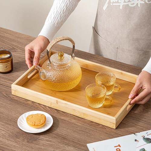 竹木托 托盘长方形茶盘商用带把手手提覆古家用水杯酒店餐盘大小 - 图0