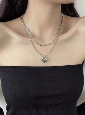 双层爱心项链女ins嘻哈轻奢小众设计叠戴颈链碎石锁骨链女生配饰