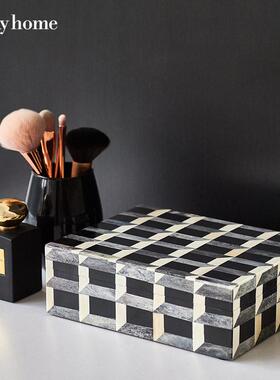 进口牛摆ZXC骨格子纹首饰盒收纳件北欧现代轻板间客奢样厅卧室装