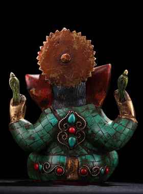 仿古铜镶嵌宝石彩绘描金象鼻财神佛像古玩收藏家居装饰工艺品